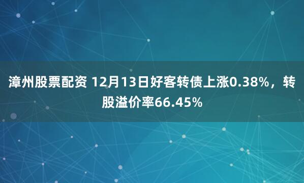 漳州股票配资 12月13日好客转债上涨0.38%，转股溢价率66.45%